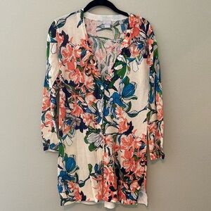Chico’s Floral Tropical Button Front Long Sleeve Duster Cardigan